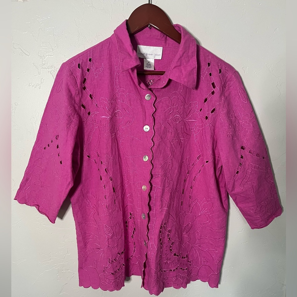 Susan Graver 3/4 Sleeve Battenberg Lace‎ w Eyelet Cut Linen Blend Blouse Medium